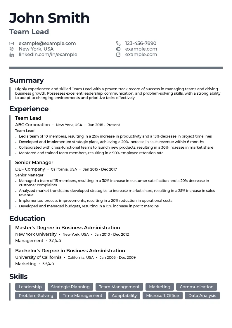 Managerial resume example