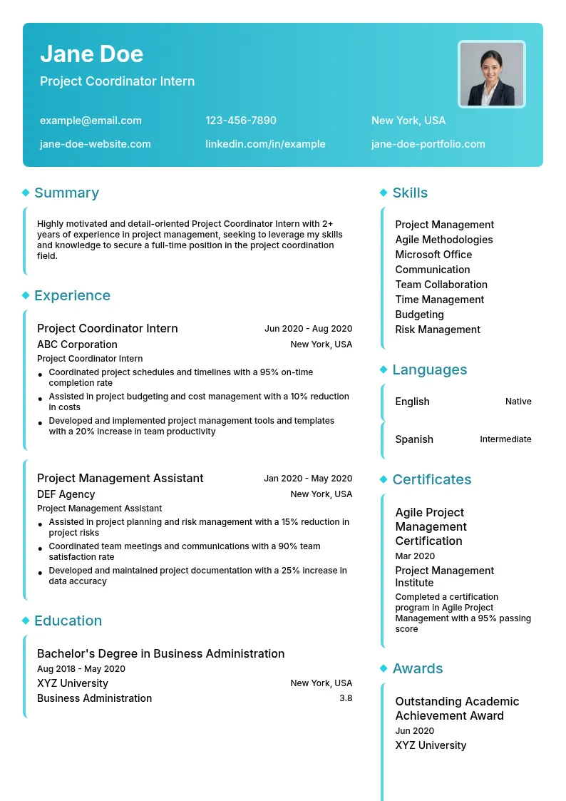 Project Coordinator Intern resume example
