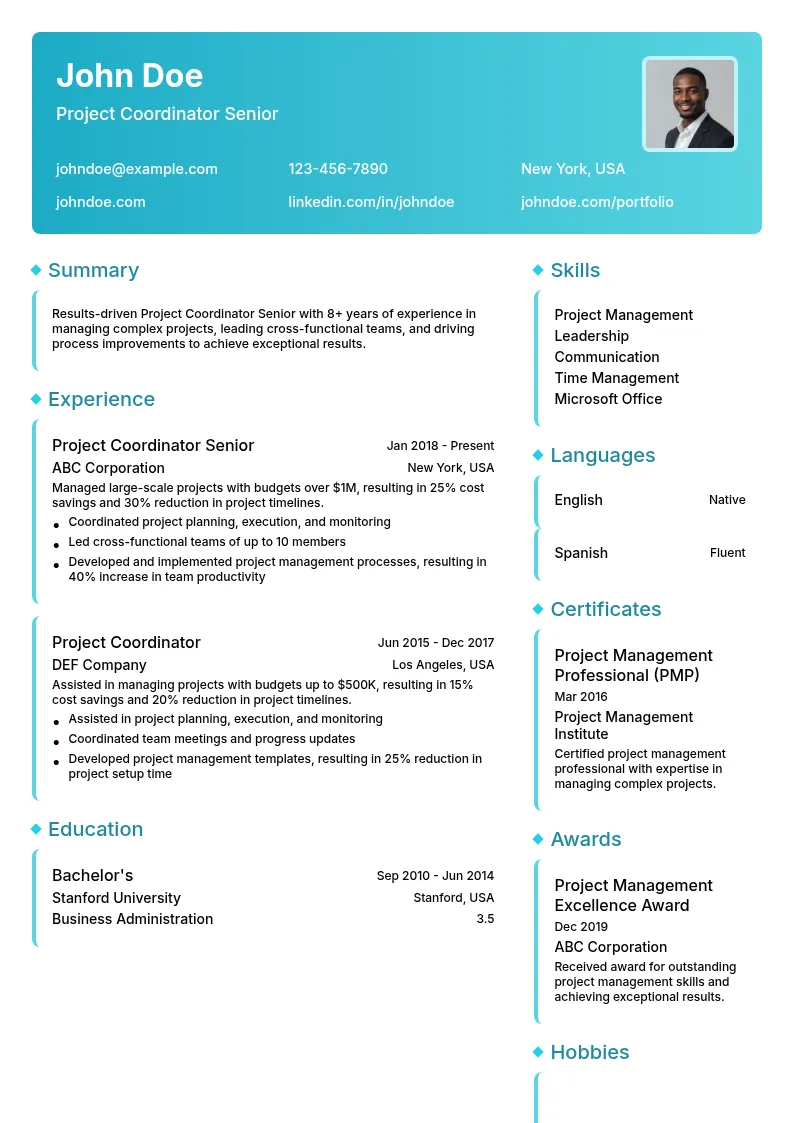 Project Coordinator Senior resume example