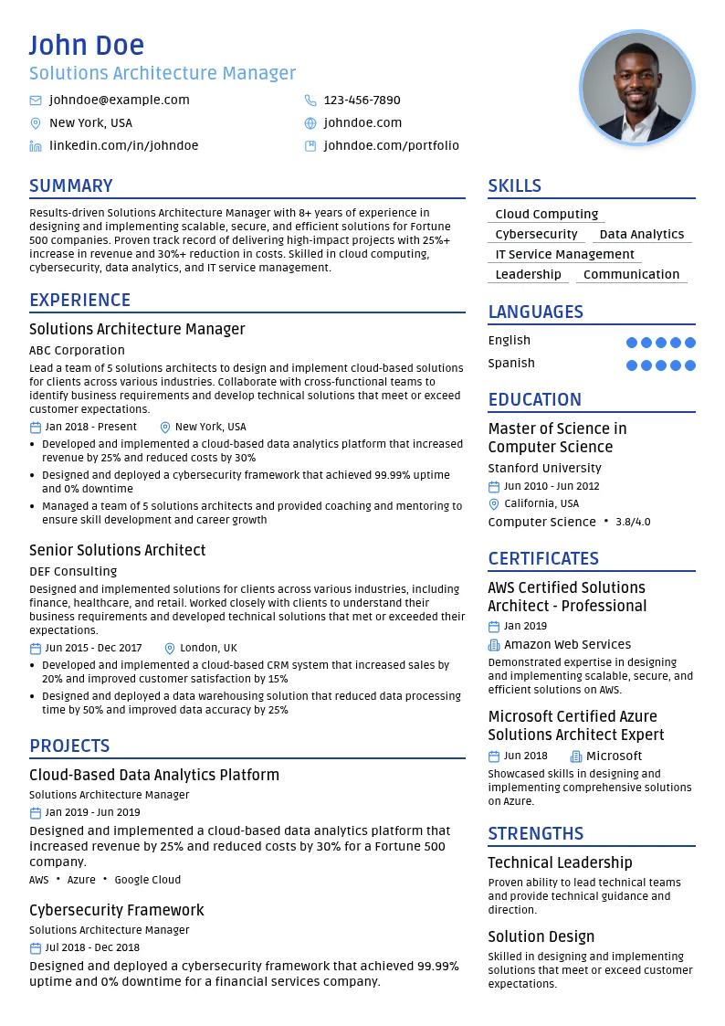 Solutions Architecture Manager resume example