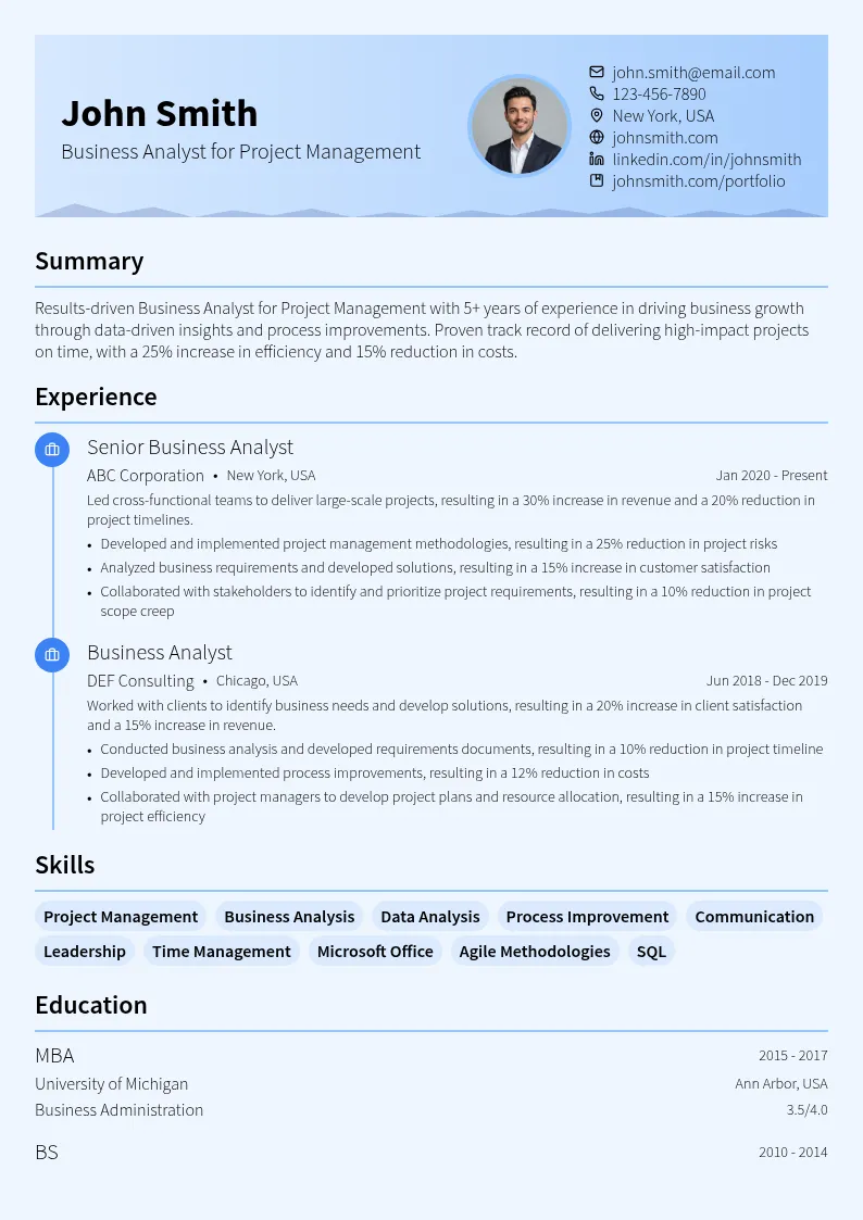 Business Analyst for Project Management resume example