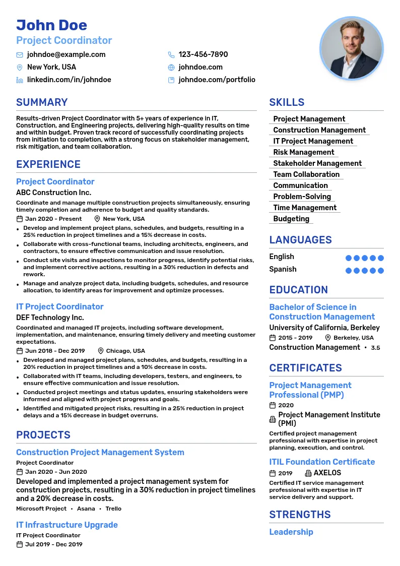 Project Coordinator (IT, Construction, Engineering) resume example