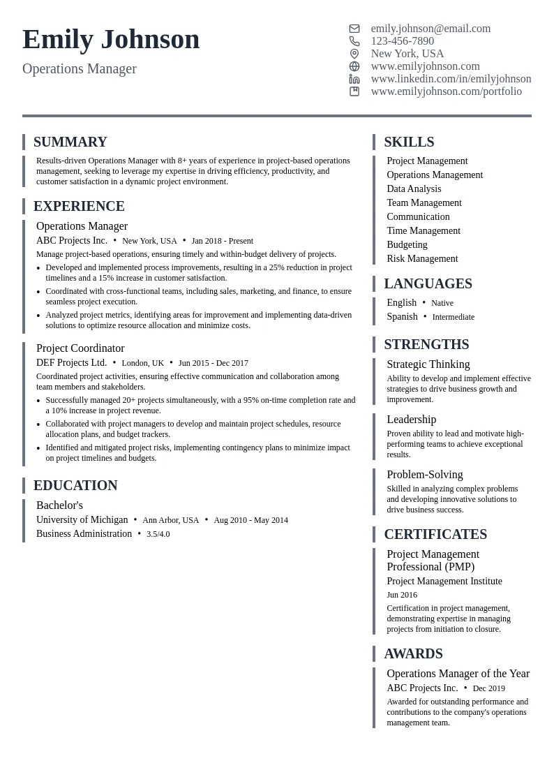 Operations Manager (Project-Based) resume example