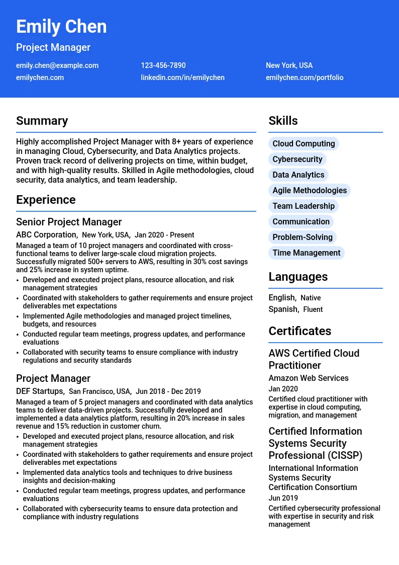 Project Manager (Cloud, Cybersecurity, Data Analytics) resume example