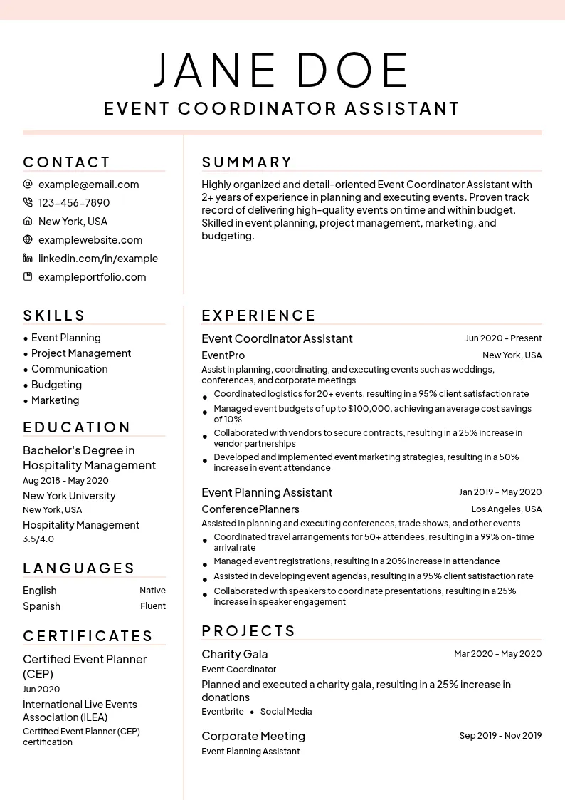 Event Coordinator Assistant resume example