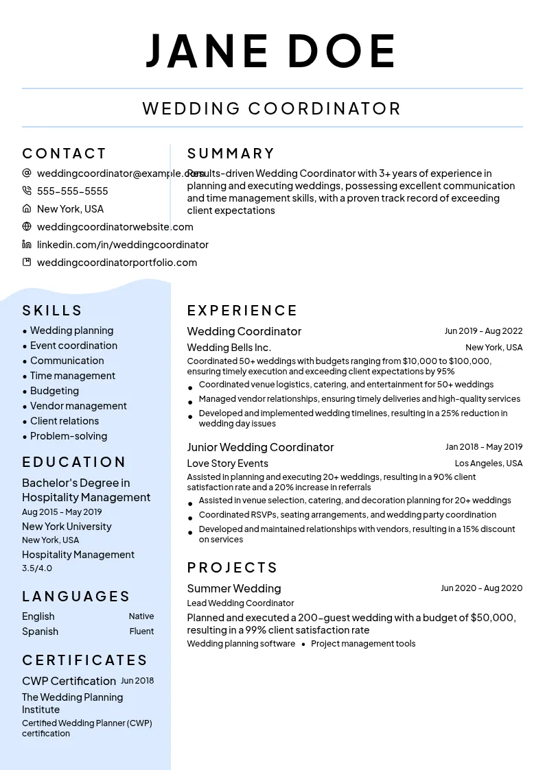 Wedding Coordinator resume example