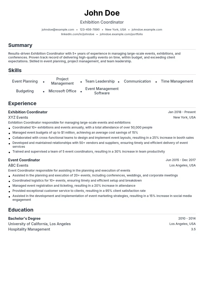 Exhibition Coordinator resume example