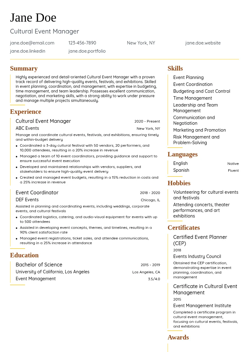 Cultural Event Manager resume example