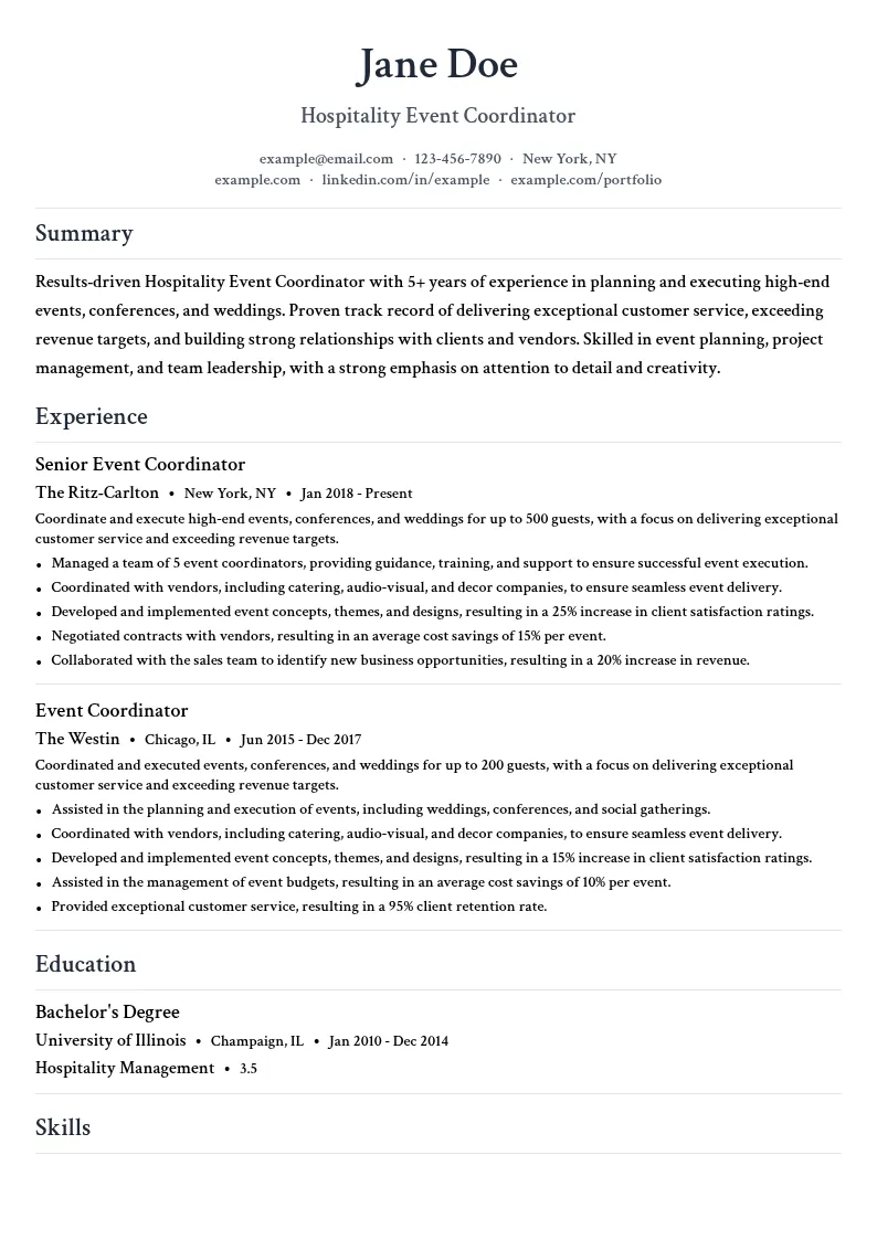 Hospitality Event Coordinator resume example
