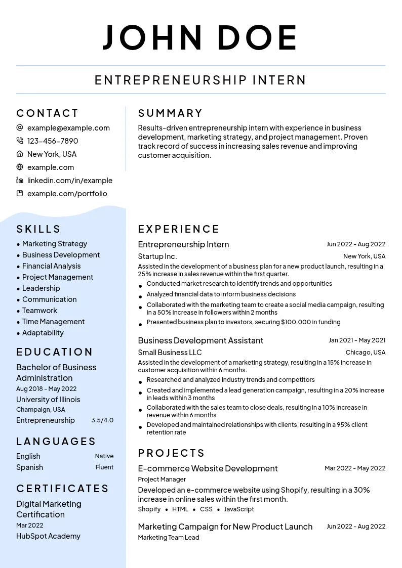 Entrepreneurship Intern resume example