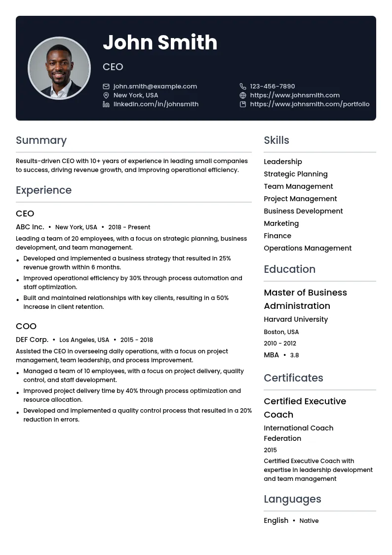 CEO of a Small Company resume example