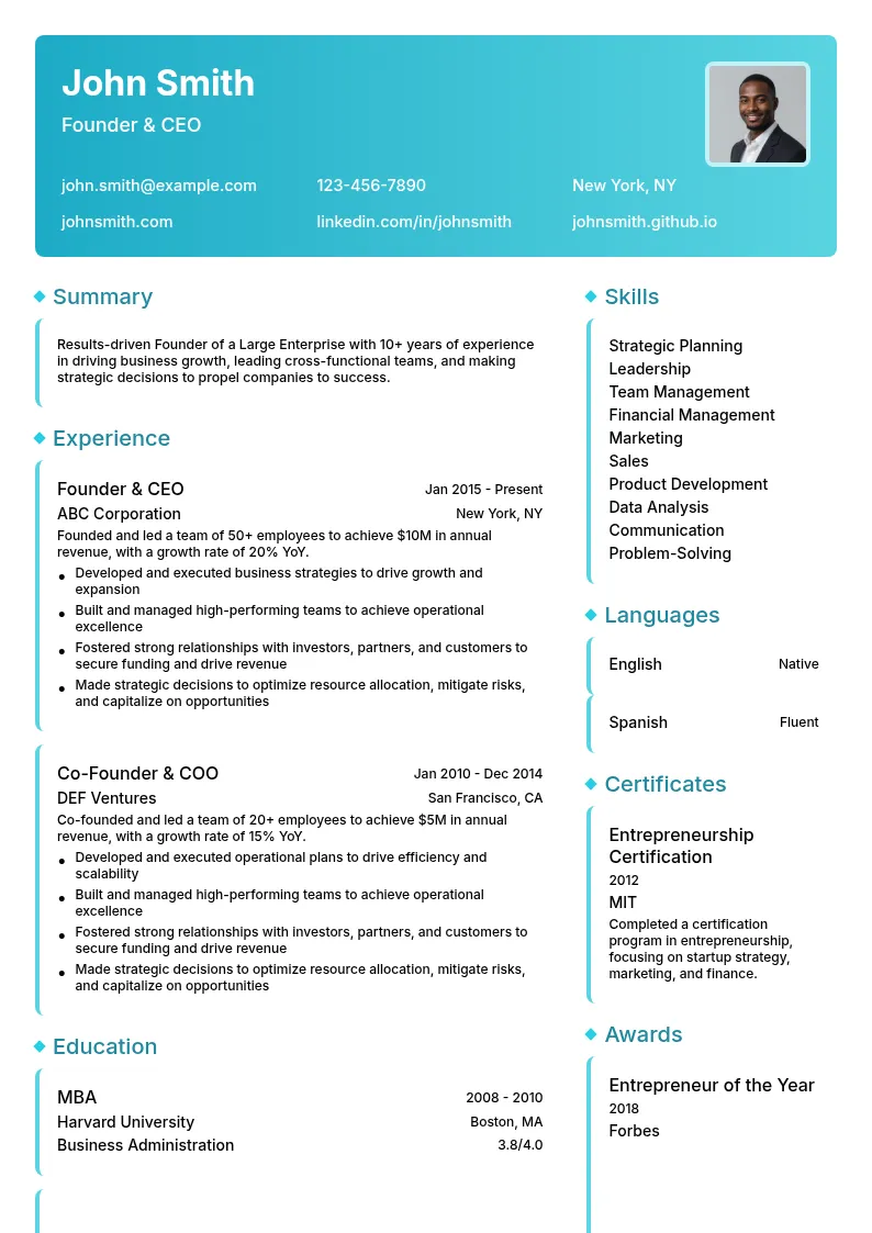 Founder of a Large Enterprise resume example
