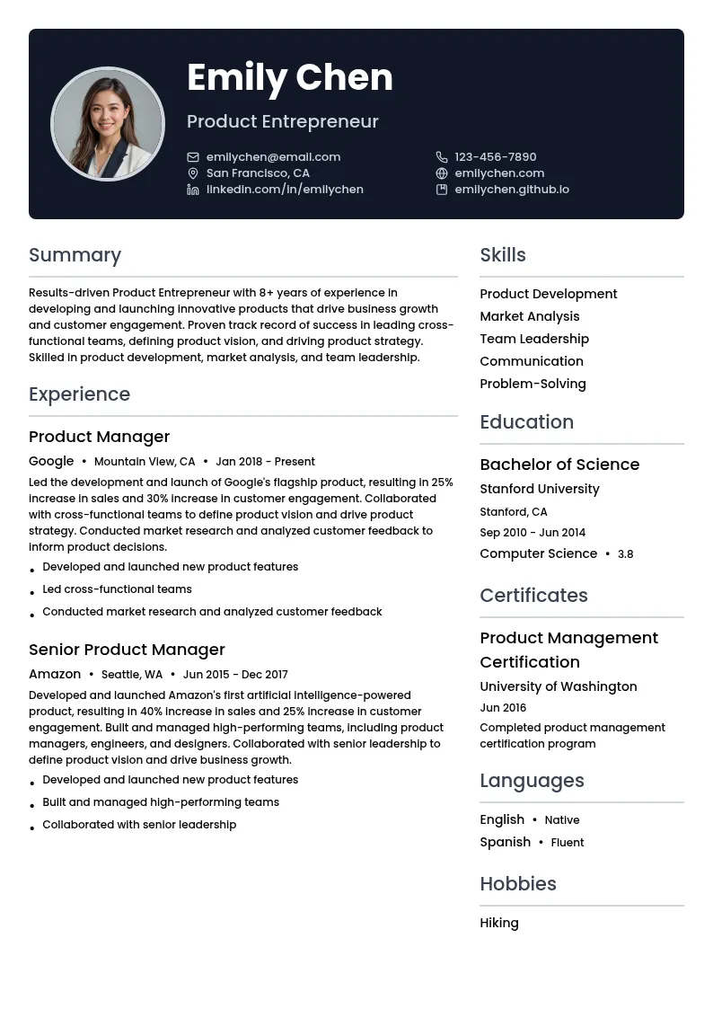 Product Entrepreneur resume example