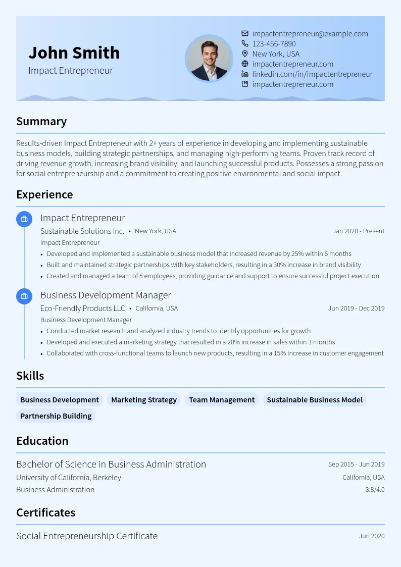 Impact Entrepreneur resume example