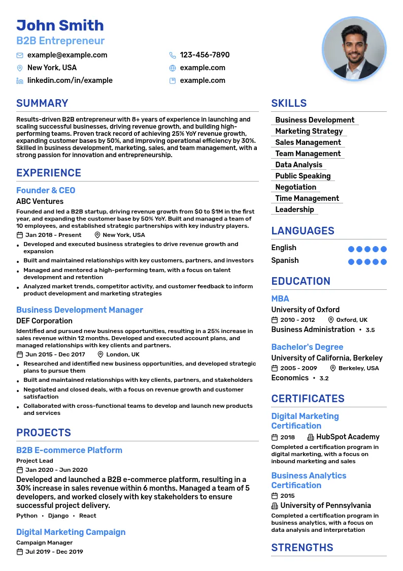 B2B Entrepreneur resume example