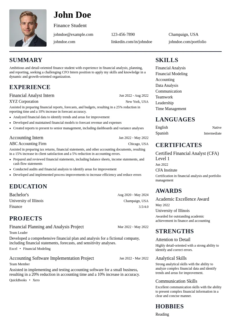 CFO Intern resume example