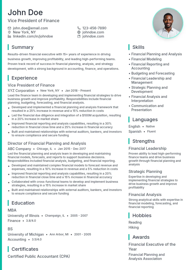 Vice President of Finance resume example