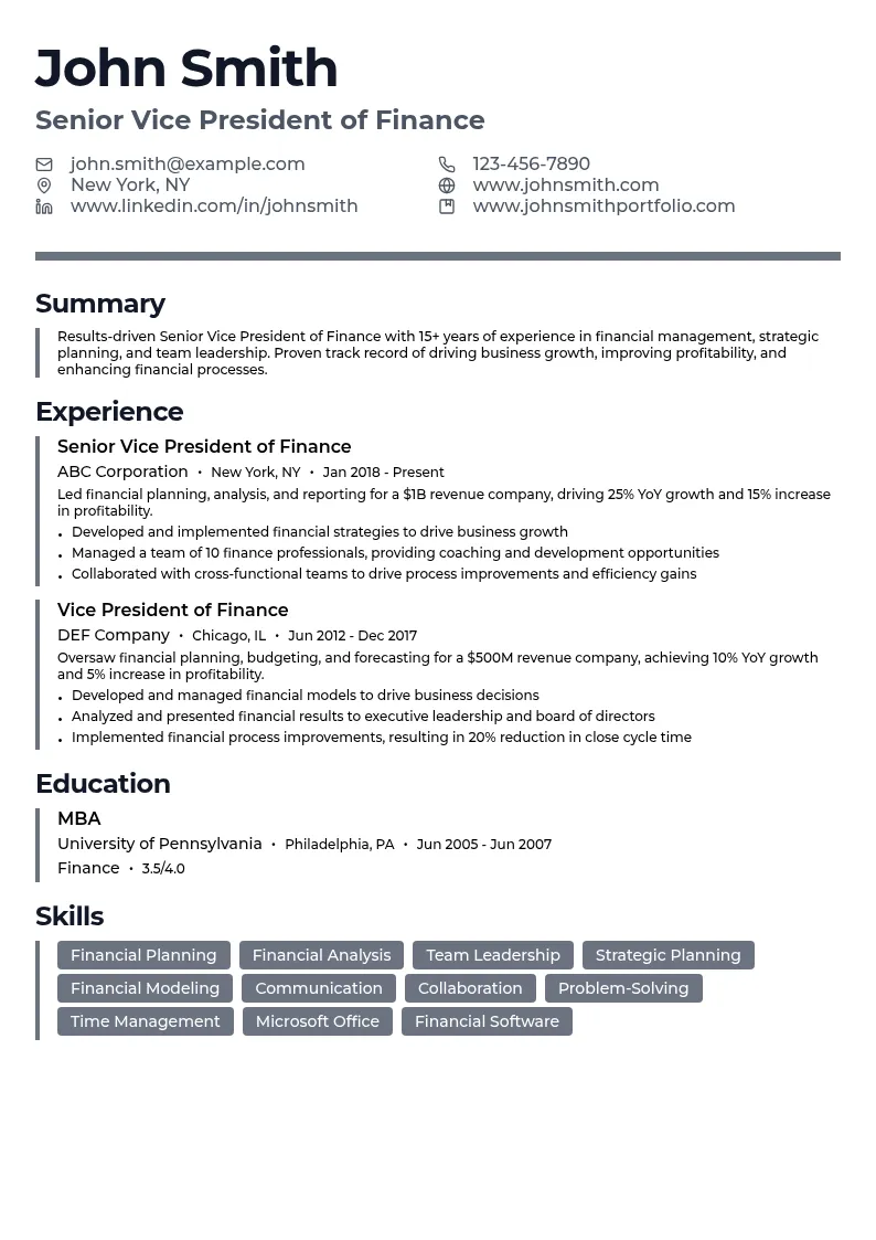 Senior Vice President of Finance resume example