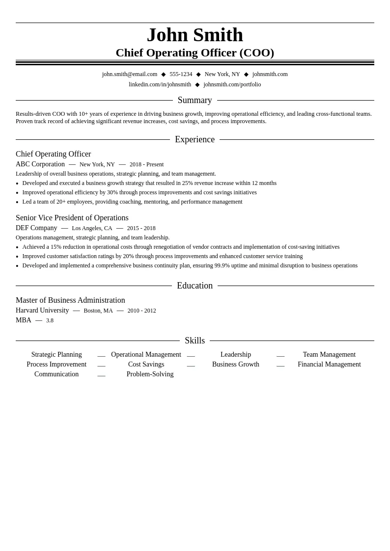 Chief Operating Officer (COO) resume example