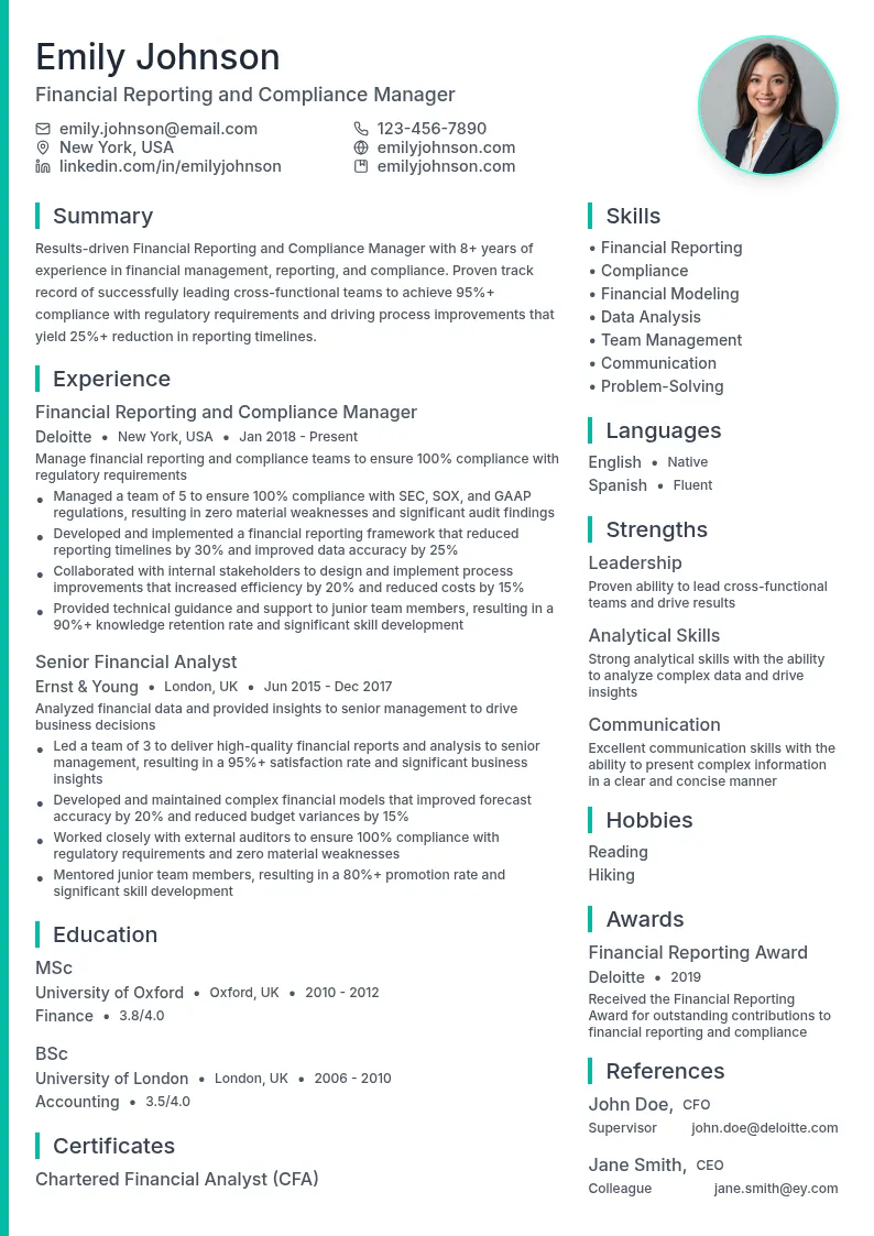 Financial Reporting and Compliance Manager resume example