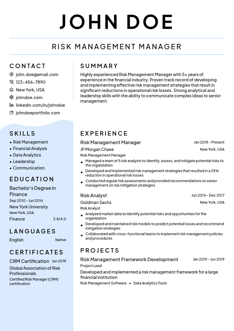 Risk Management Manager resume example