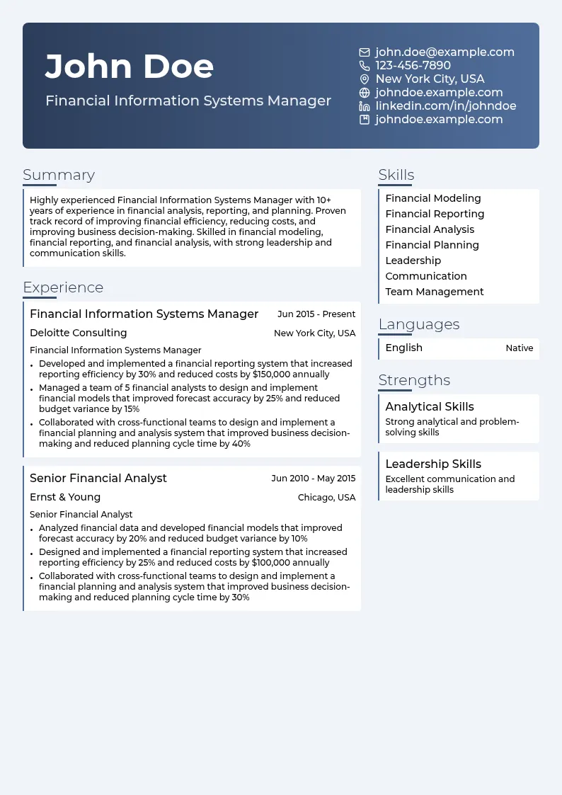 Financial Information Systems Manager resume example