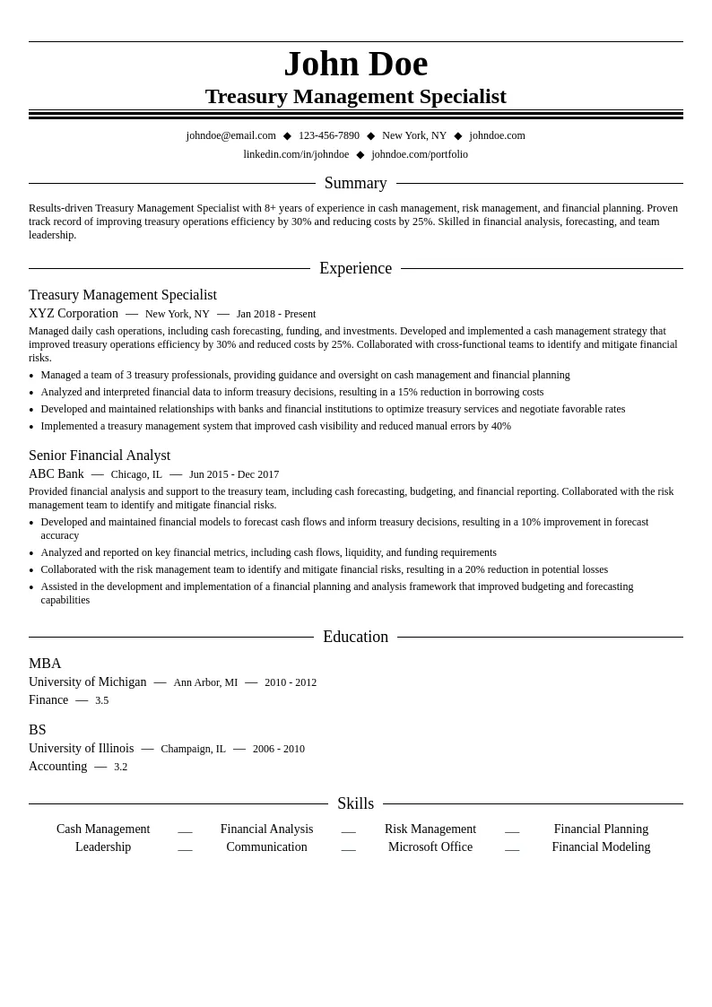 Treasury Management Specialist resume example
