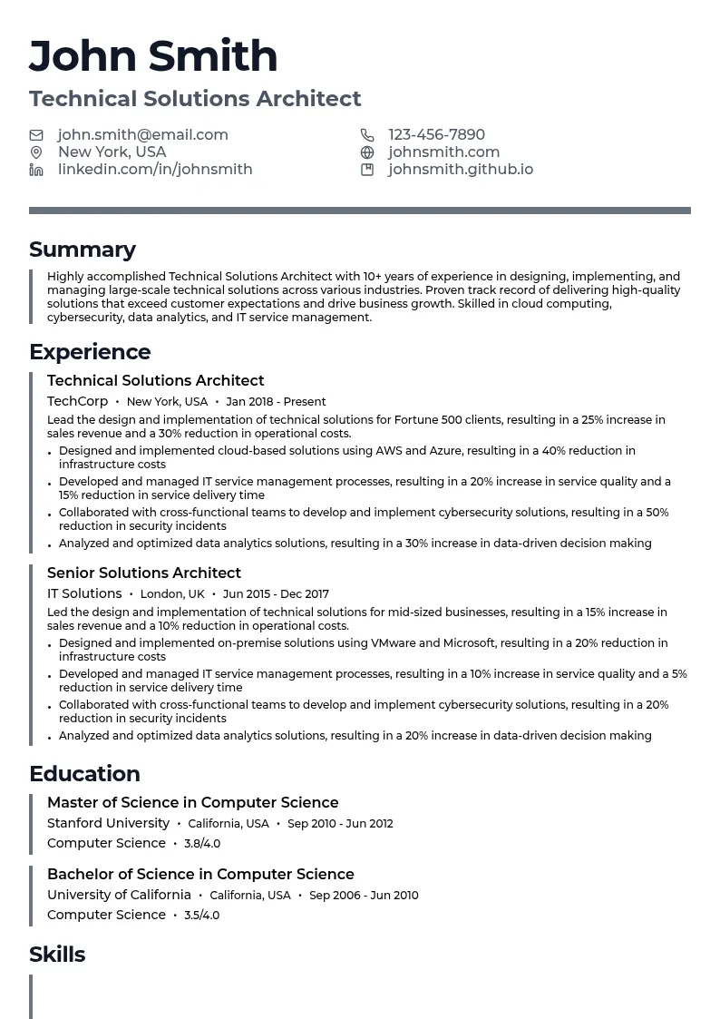 Technical Solutions Architect resume example