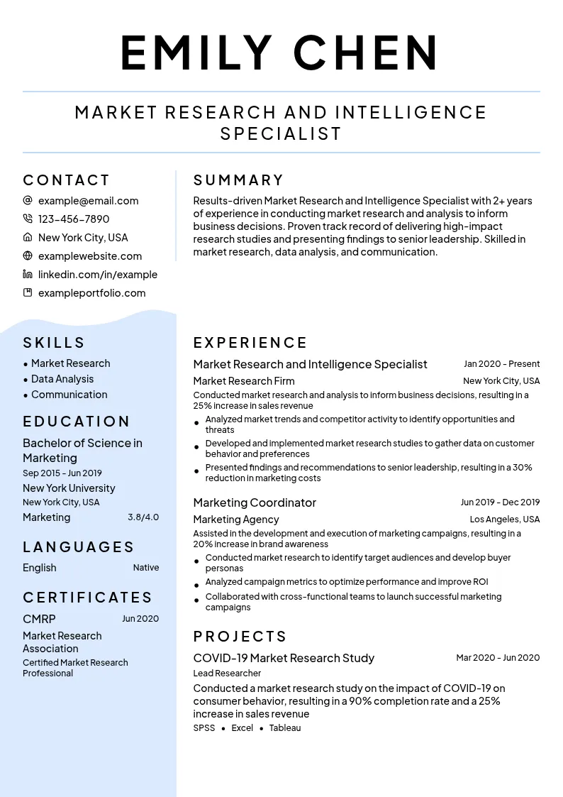 Market Research and Intelligence Specialist resume example