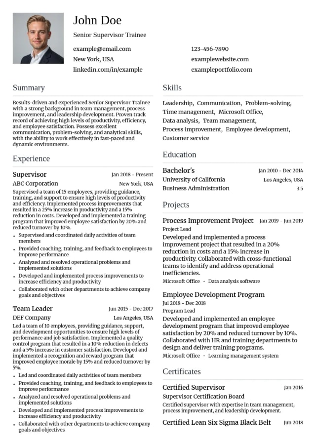 Senior Supervisor Trainee resume example