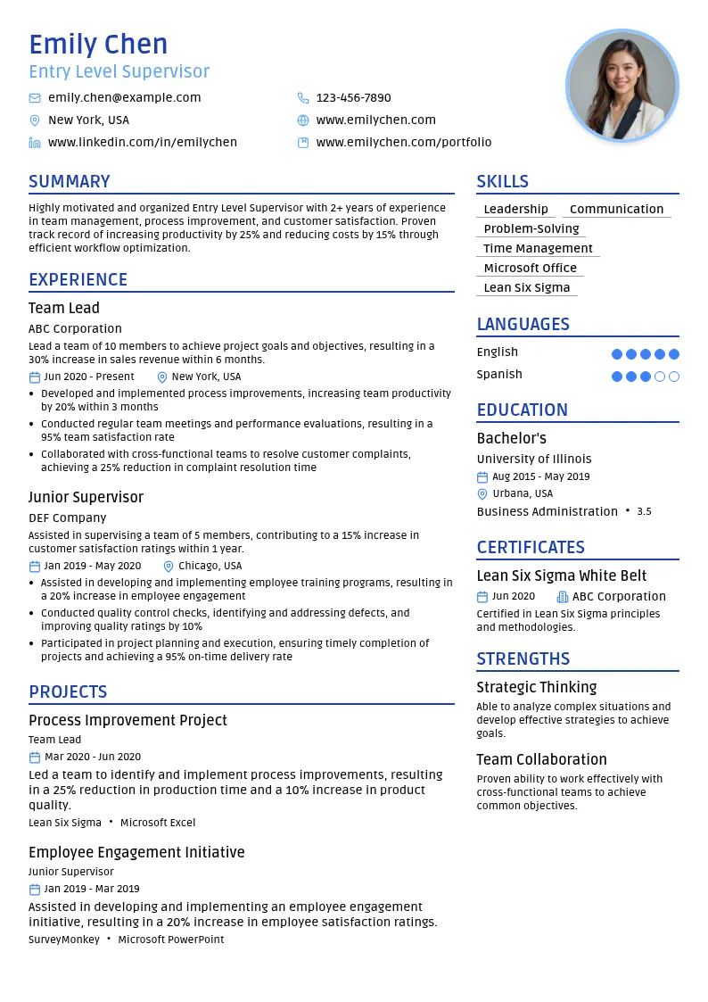 Entry Level Supervisor resume example