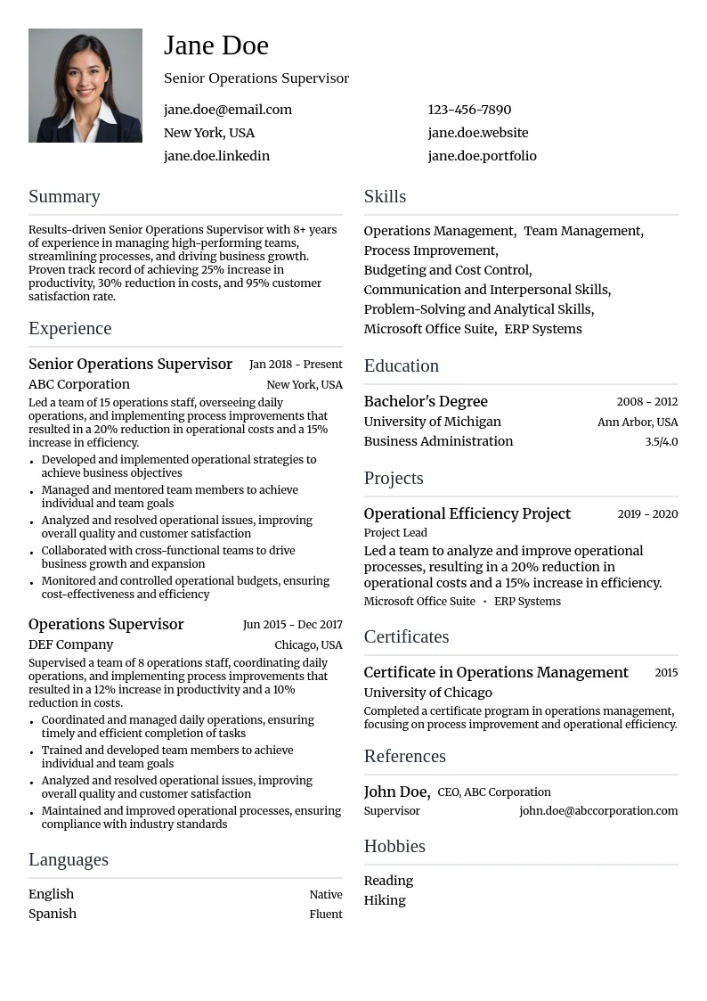 Senior Operations Supervisor resume example