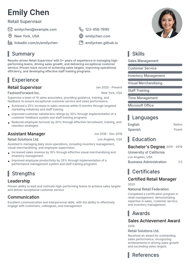 Retail Supervisor resume example