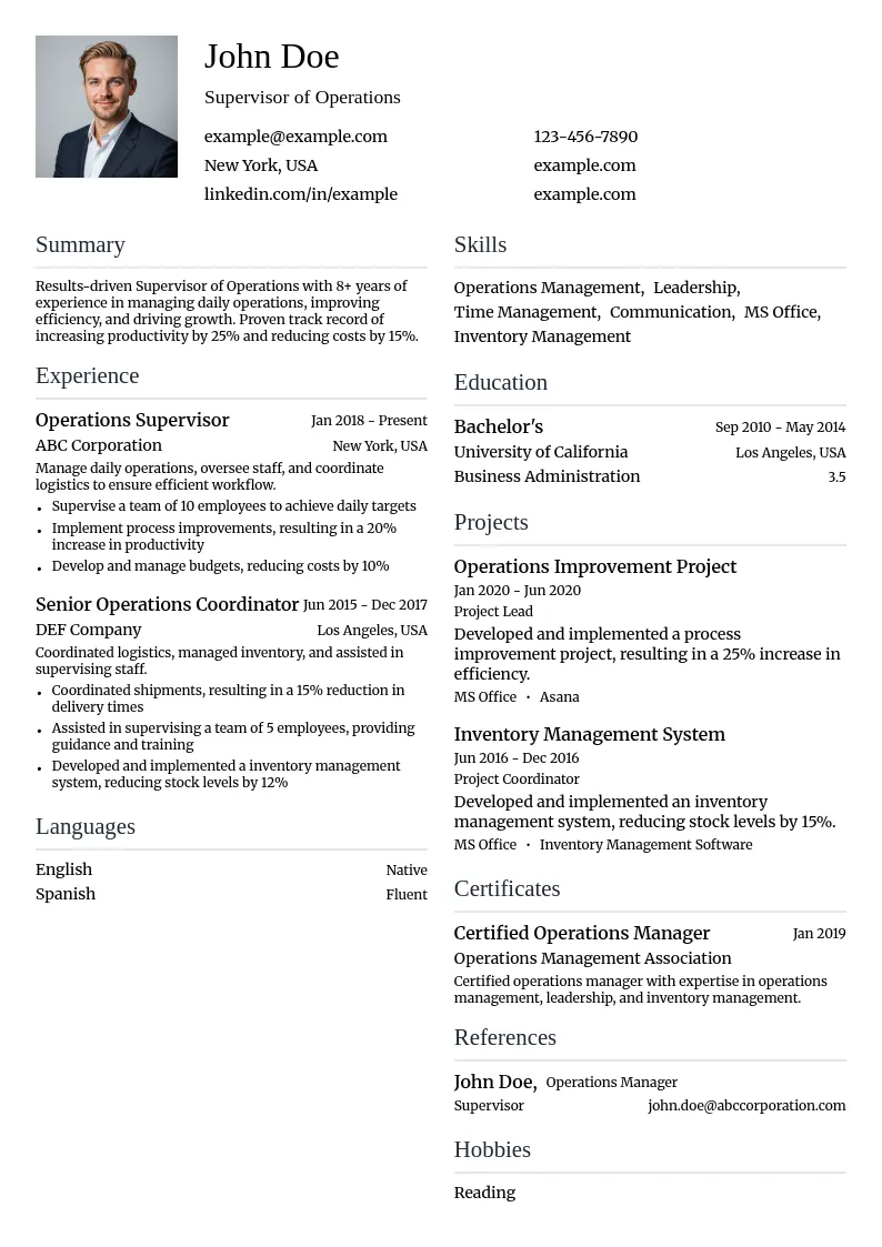 Supervisor of Operations resume example