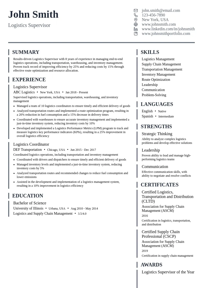 Logistics Supervisor resume example