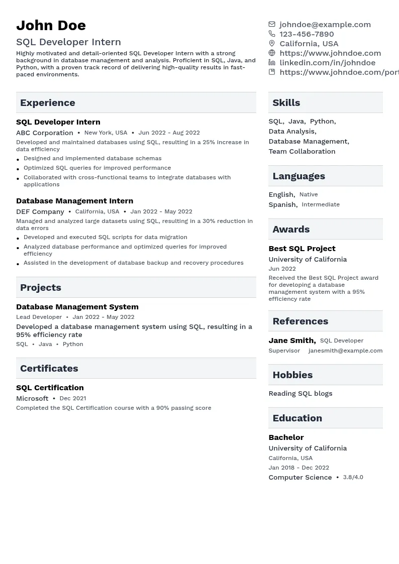 SQL Developer Intern resume example