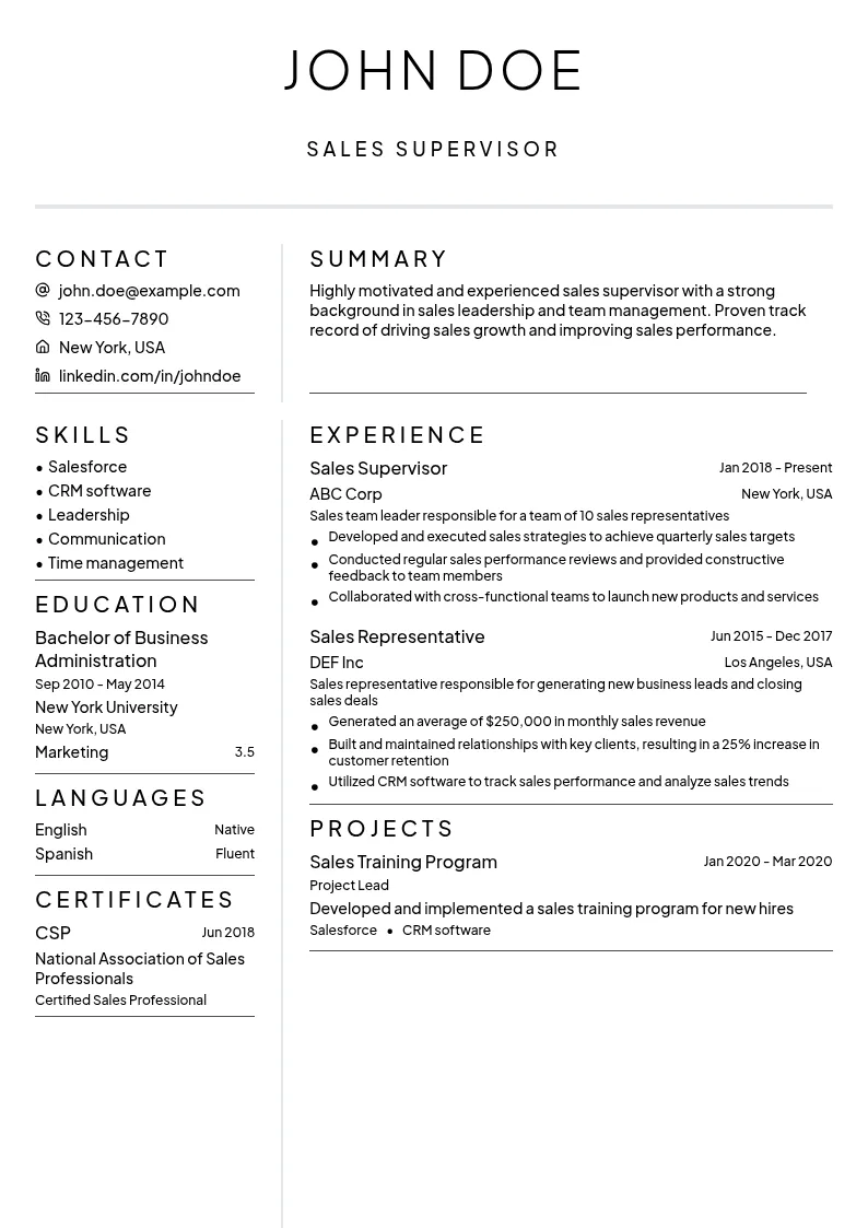 Sales Supervisor resume example