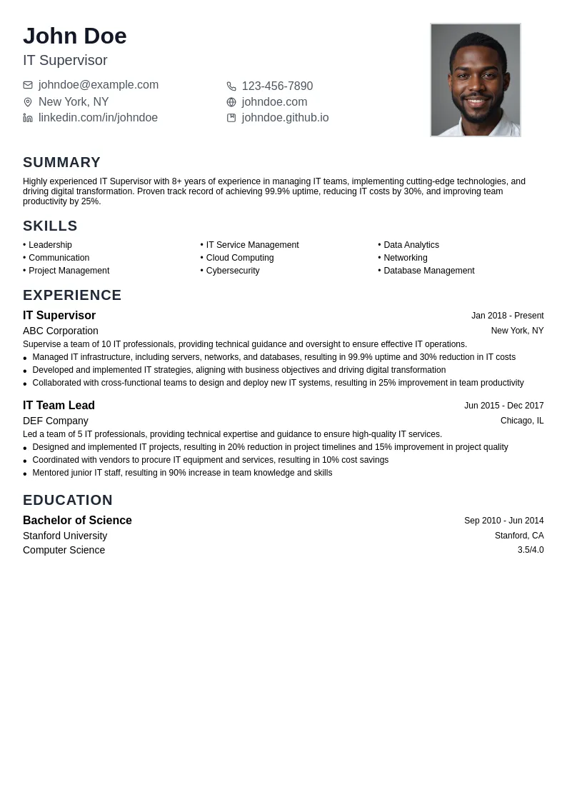 IT Supervisor resume example