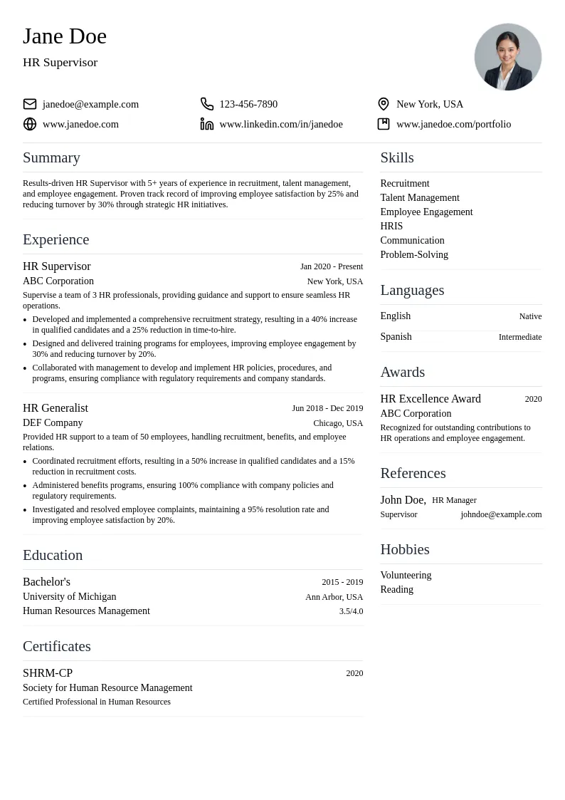 HR Supervisor resume example
