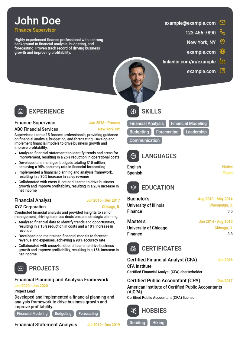 Finance Supervisor resume example