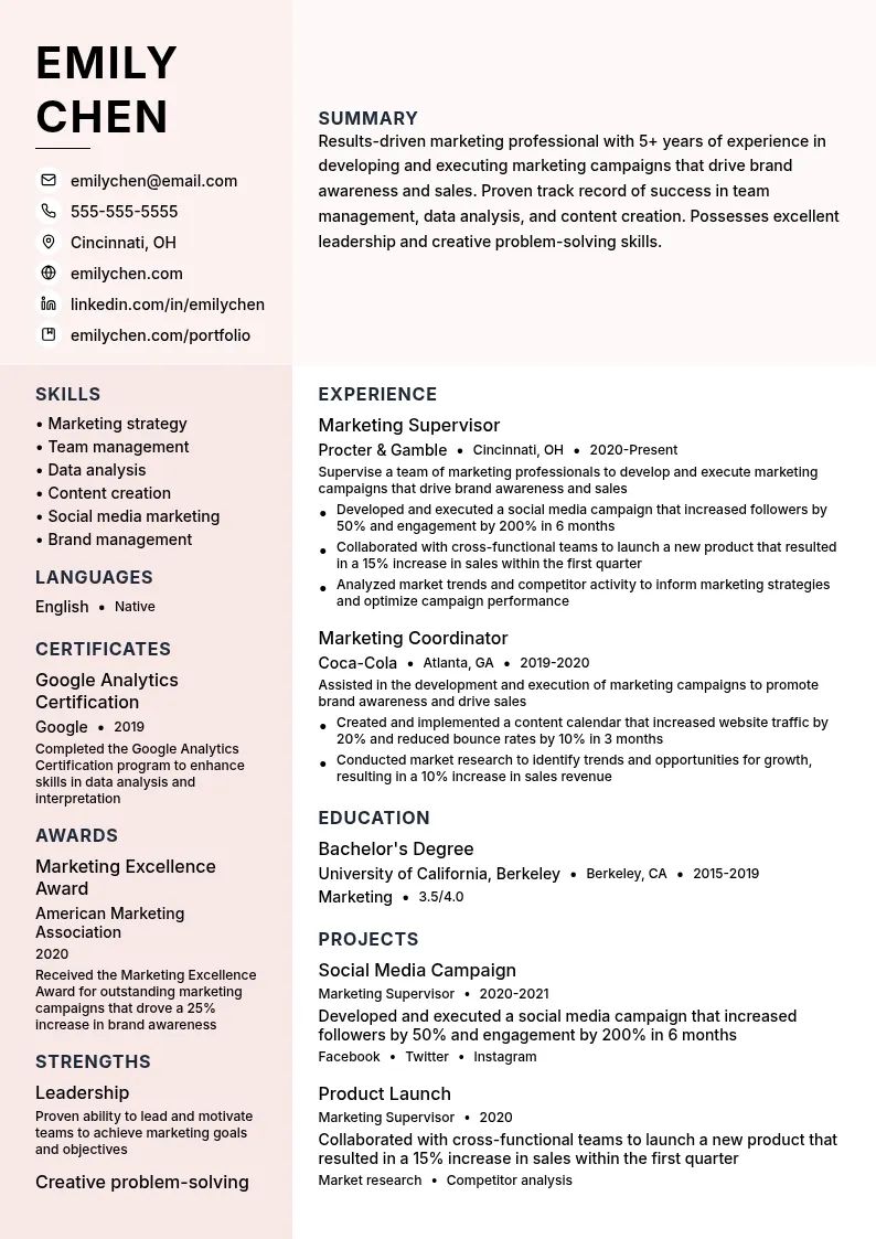 Marketing Supervisor resume example