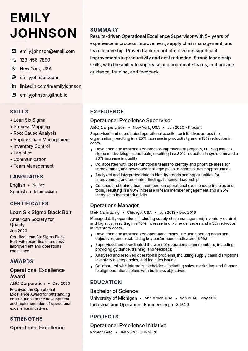 Operational Excellence Supervisor resume example