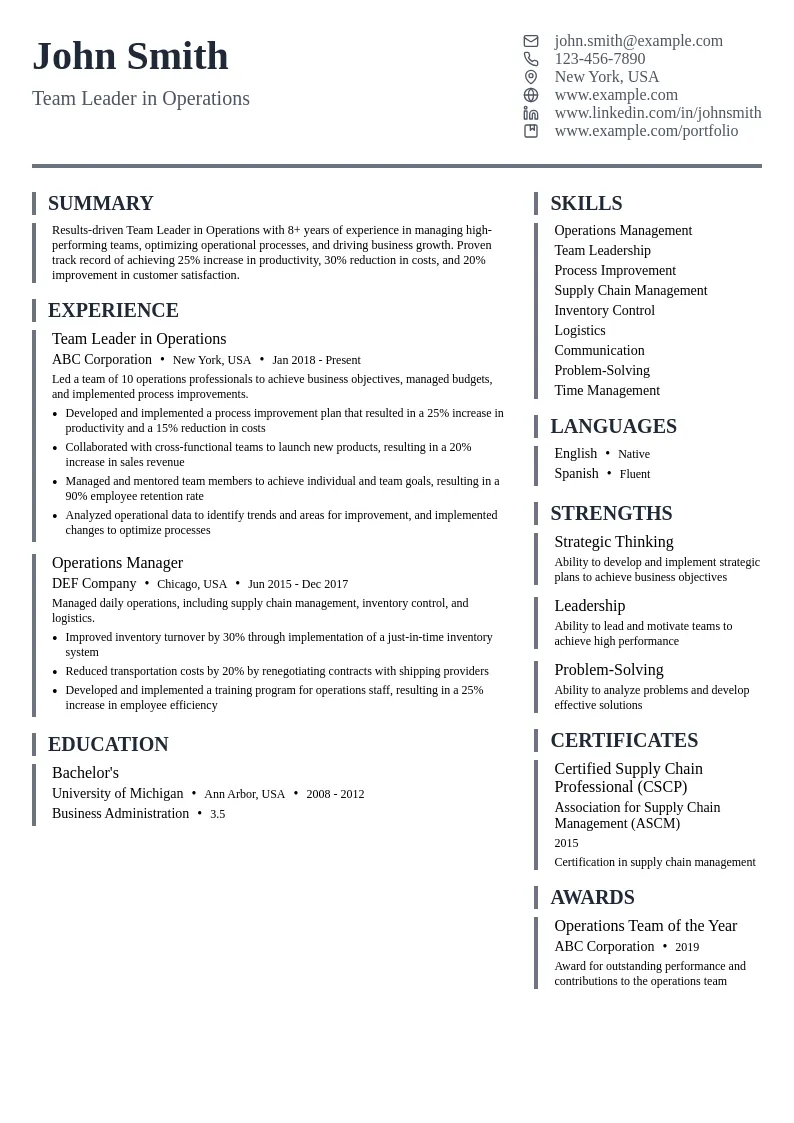Team Leader in Operations resume example