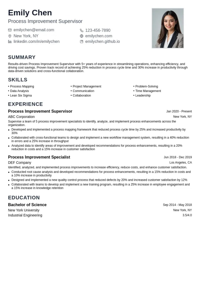 Process Improvement Supervisor resume example