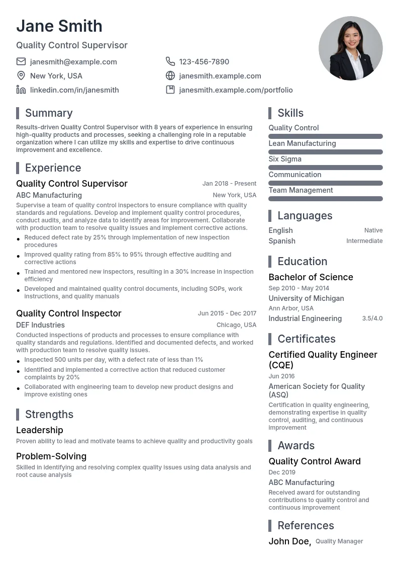 Quality Control Supervisor resume example