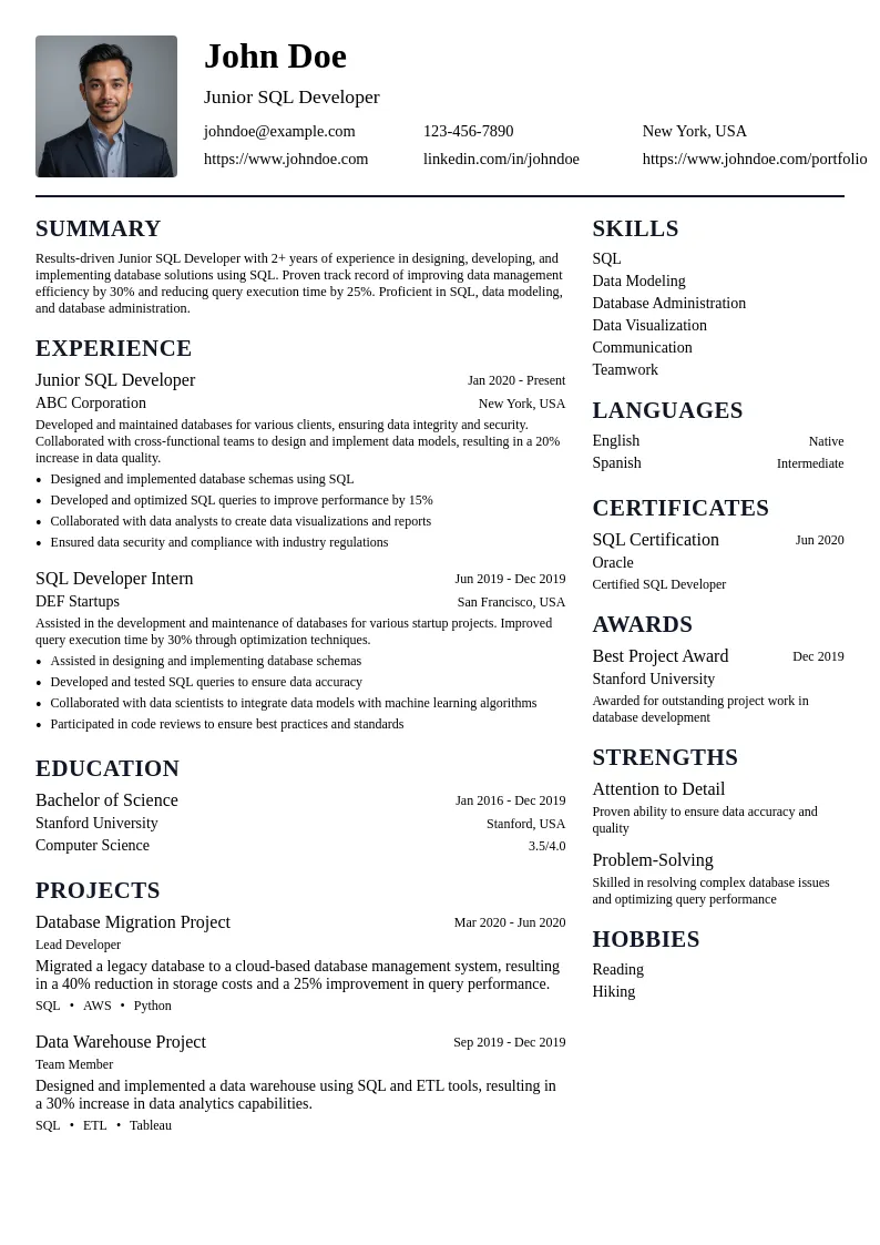Junior SQL Developer resume example