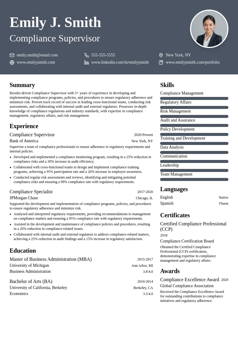 Compliance Supervisor resume example