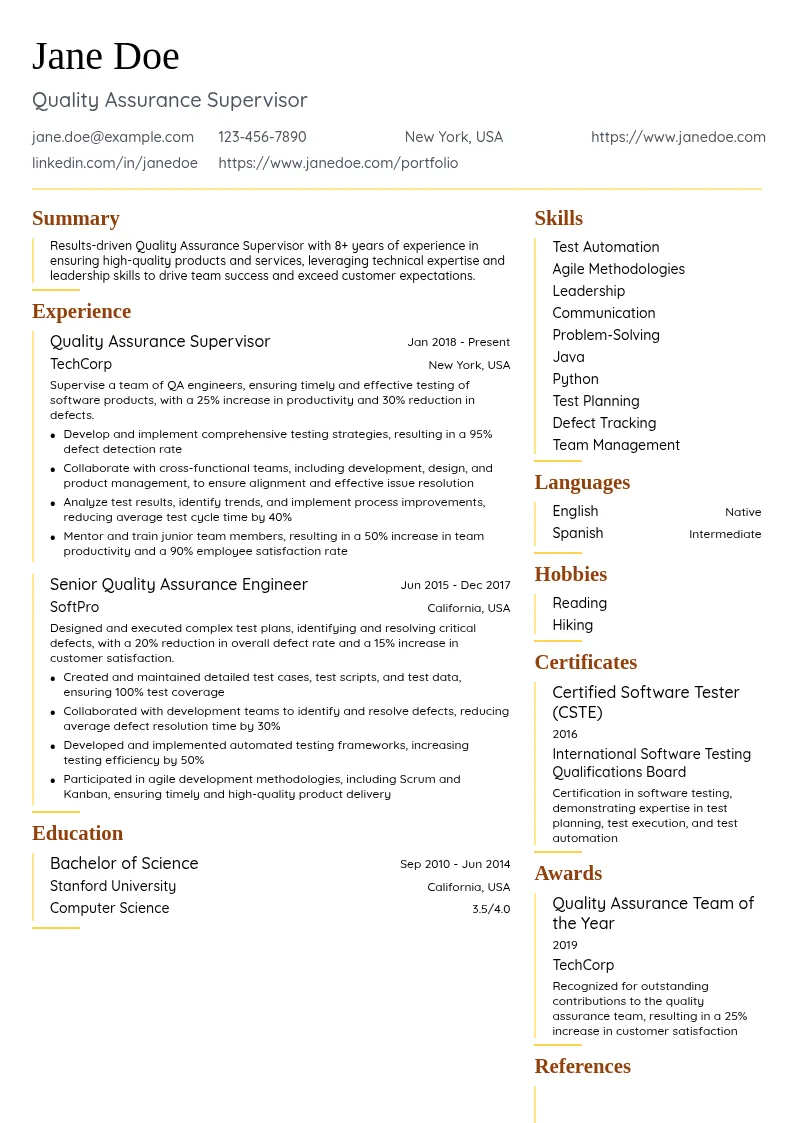 Quality Assurance Supervisor resume example