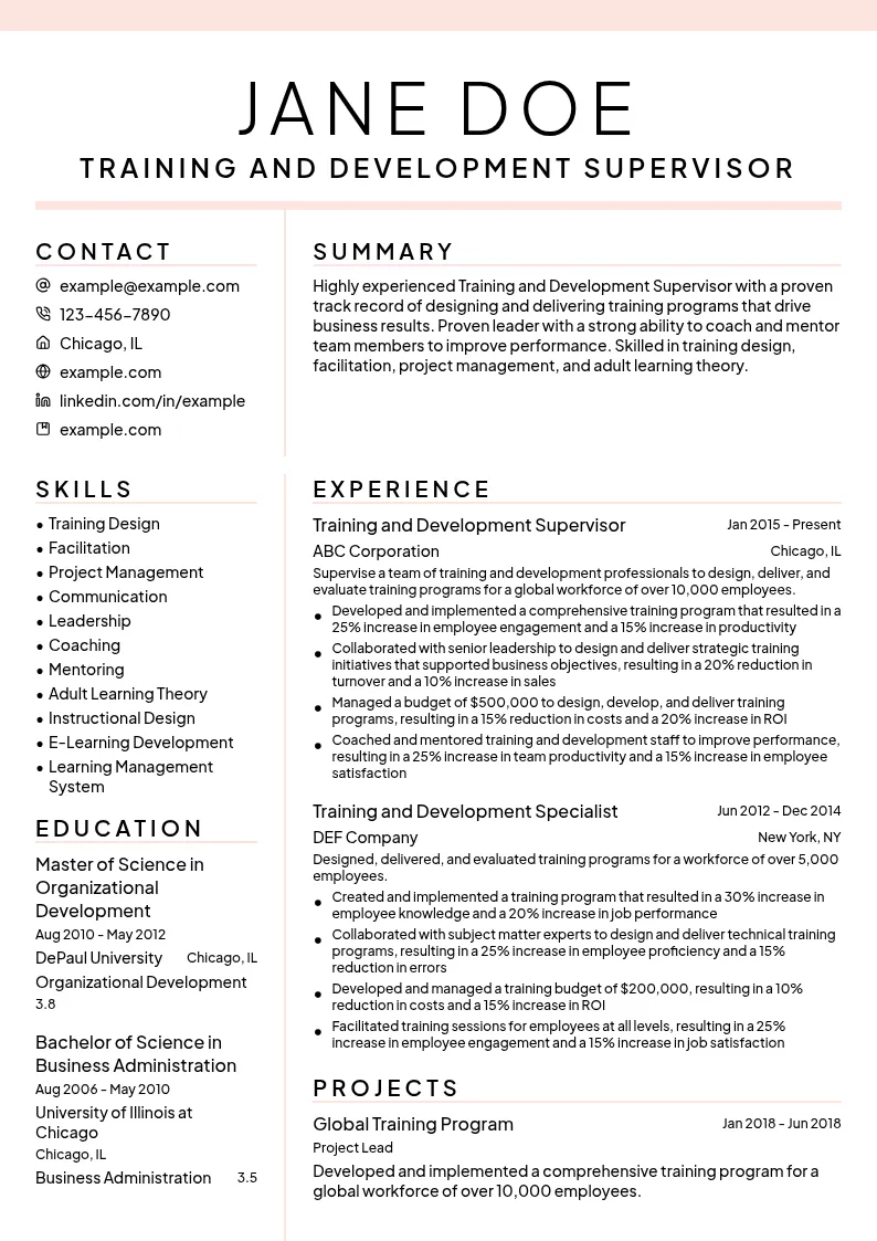 Training and Development Supervisor resume example