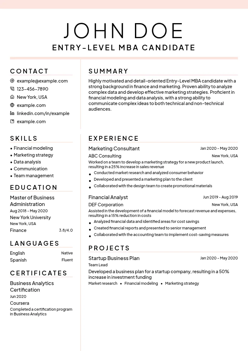 Entry-Level MBA resume example